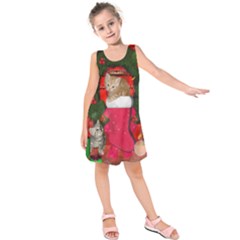 Christmas, Funny Kitten With Gifts Kids  Sleeveless Dress by FantasyWorld7