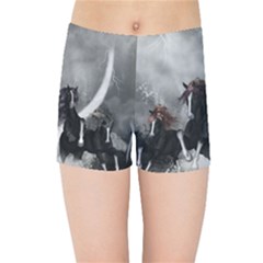 Awesome Wild Black Horses Running In The Night Kids Sports Shorts by FantasyWorld7