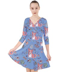 Dog Corgi Pattern Quarter Sleeve Front Wrap Dress	 by Celenk