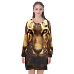 Cat Tiger Animal Wildlife Wild Long Sleeve Chiffon Shift Dress  by Celenk