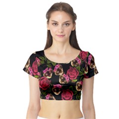 Lazy Cat Floral Pattern Black Short Sleeve Crop Top by snowwhitegirl