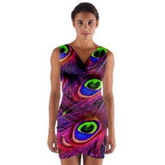 Peacock Feathers Color Plumage Wrap Front Bodycon Dress by Celenk