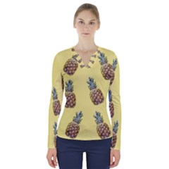 Pineapples Fruit Pattern Texture V-neck Long Sleeve Top by Simbadda