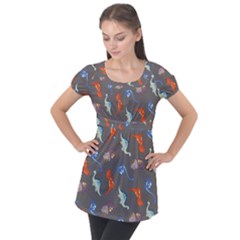 Dinosaurs - Grey  Puff Sleeve Tunic Top by WensdaiAmbrose