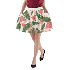 Tropical Watermelon Leaves Pink And Green Jungle Leaves Retro Hawaiian Style A-line Pocket Skirt by genx