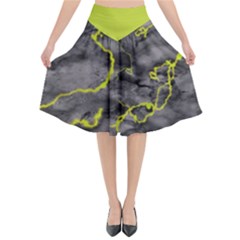 Marble Light Gray With Green Lime Veins Texture Floor Background Retro Neon 80s Style Neon Colors Print Luxuous Real Marble Flared Midi Skirt by genx