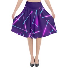 Retrowave Aesthetic Vaporwave Retro Memphis Pattern 80s Design Geometric Shapes Futurist Purple Pink Blue Neon Light Flared Midi Skirt by genx