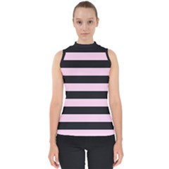 Black And Light Pastel Pink Large Stripes Goth Mime French Style Mock Neck Shell Top by genx