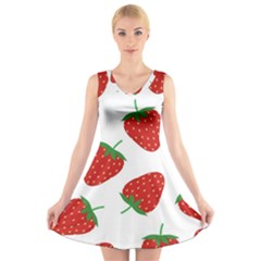 Seamless Pattern Fresh Strawberry V-neck Sleeveless Dress by Wegoenart