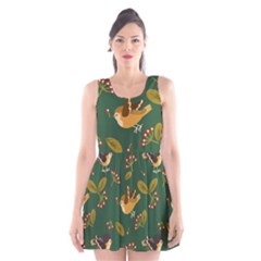 Cute Seamless Pattern Bird With Berries Leaves Scoop Neck Skater Dress by BangZart