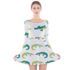 Cute Cartoon Alligator Kids Seamless Pattern With Green Nahd Drawn Crocodiles Long Sleeve Velvet Skater Dress by BangZart