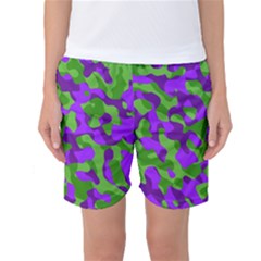 Purple And Green Camouflage Women s Basketball Shorts by SpinnyChairDesigns