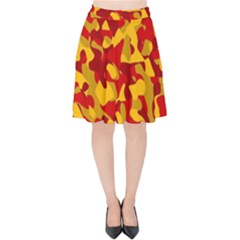 Red And Yellow Camouflage Pattern Velvet High Waist Skirt by SpinnyChairDesigns