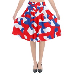 Red White Blue Camouflage Pattern Flared Midi Skirt by SpinnyChairDesigns