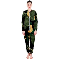 Tropical Vintage Yellow Hibiscus Floral Green Leaves Seamless Pattern Black Background  Onepiece Jumpsuit (ladies)  by Sobalvarro