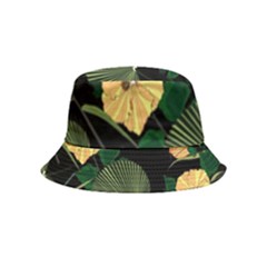 Tropical Vintage Yellow Hibiscus Floral Green Leaves Seamless Pattern Black Background  Bucket Hat (kids) by Sobalvarro