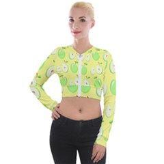 Apple Pattern Green Yellow Long Sleeve Cropped Velvet Jacket by artworkshop