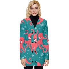 Cute Smiling Red Octopus Swimming Underwater Button Up Hooded Coat  by Pakemis