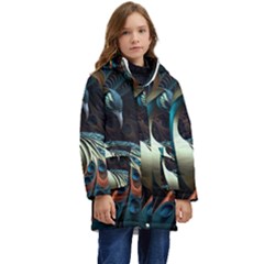 Peacock Bird Feathers Colorful Texture Abstract Kid s Hooded Longline Puffer Jacket by Pakemis