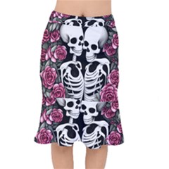 Black And White Rose Sugar Skull Short Mermaid Skirt by GardenOfOphir