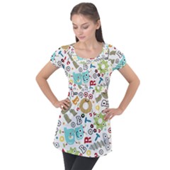 Seamless-pattern-vector-with-funny-robots-cartoon Puff Sleeve Tunic Top by Salman4z