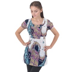 Drawing-astronaut Puff Sleeve Tunic Top by 99art