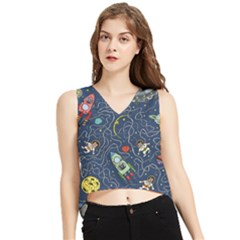 Cat Cosmos Cosmonaut Rocket V-neck Cropped Tank Top by Cowasu