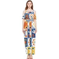 Mexican-talavera-pattern-ceramic-tiles-with-flower-leaves-bird-ornaments-traditional-majolica-style- Draped Sleeveless Chiffon Jumpsuit by uniart180623