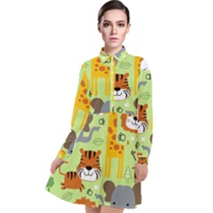 Seamless-pattern-vector-with-animals-wildlife-cartoon Long Sleeve Chiffon Shirt Dress by uniart180623