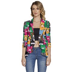 Cat Funny Colorful Pattern Women s 3/4 Sleeve Ruffle Edge Open Front Jacket by uniart180623