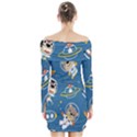 Seamless-pattern-funny-astronaut-outer-space-transportation Long Sleeve Off Shoulder Dress View2