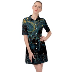 Castle Starry Night Van Gogh Parody Belted Shirt Dress by Sarkoni