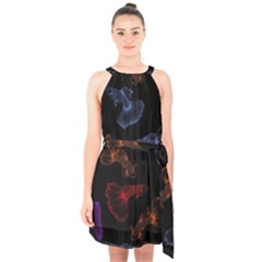 Vector Aquarium Guppies Seamless Fish Pattern With Black Background Halter Collar Waist Tie Chiffon Dress by Grandong