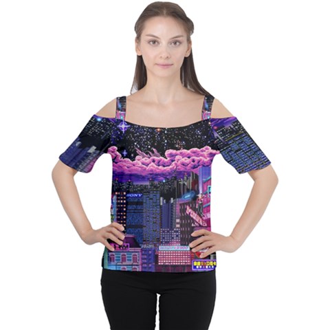 Retro City Pixel Cutout Shoulder T-shirt by Sarkoni