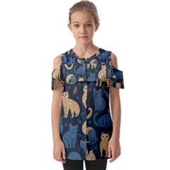 Cat Pattern Animal Fold Over Open Sleeve Top by Pakjumat