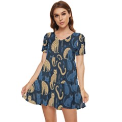 Cat Pattern Animal Tiered Short Sleeve Babydoll Dress by Pakjumat