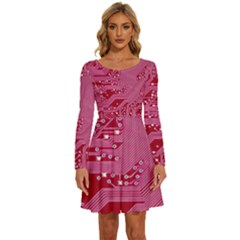 Pink Circuit Pattern Long Sleeve Wide Neck Velvet Dress by Ket1n9