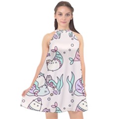 Cartoon Cat Cute Animal Design Drawing Illustration Kawaii Halter Neckline Chiffon Dress  by Grandong