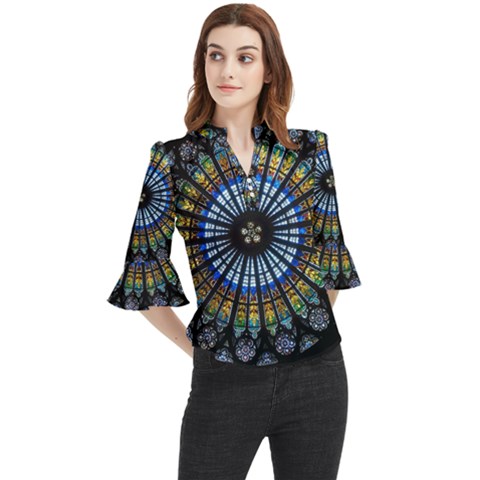 Mandala Floral Wallpaper Rose Window Strasbourg Cathedral France Loose Horn Sleeve Chiffon Blouse by Sarkoni