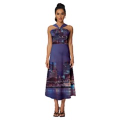 Frankfurt City Skyline Skyscraper Sleeveless Cross Front Cocktail Midi Chiffon Dress by Sarkoni