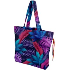 Background With Violet Blue Tropical Leaves Drawstring Tote Bag by Bedest