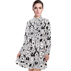 Seamless Pattern With Black White Doodle Dogs Long Sleeve Chiffon Shirt Dress by Grandong