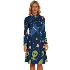 Seamless Pattern With Funny Aliens Cat Galaxy Long Sleeve Shirt Collar A-line Dress by Hannah976