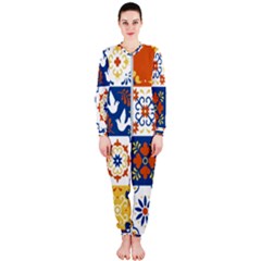 Mexican Talavera Pattern Ceramic Tiles With Flower Leaves Bird Ornaments Traditional Majolica Style Onepiece Jumpsuit (ladies) by Ket1n9