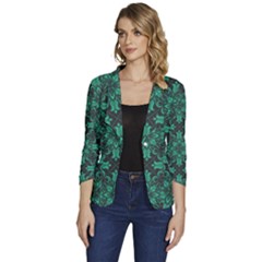 Green Damask Pattern Vintage Floral Pattern, Green Vintage Women s One-button 3/4 Sleeve Short Jacket by nateshop