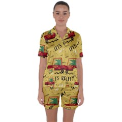 Childish Seamless Pattern With Dino Driver Satin Short Sleeve Pajamas Set by Apen