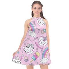 Beautiful Cute Animals Pattern Pink Halter Neckline Chiffon Dress  by Grandong