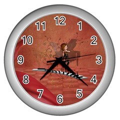 Cute Fairy Dancing On A Piano Wall Clock (silver) by FantasyWorld7