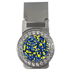 Blue And Yellow Camouflage Pattern Money Clips (cz)  by SpinnyChairDesigns