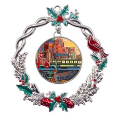 The City Style Bus Fantasy Architecture Art Metal X mas Wreath Holly Leaf Ornament by Grandong